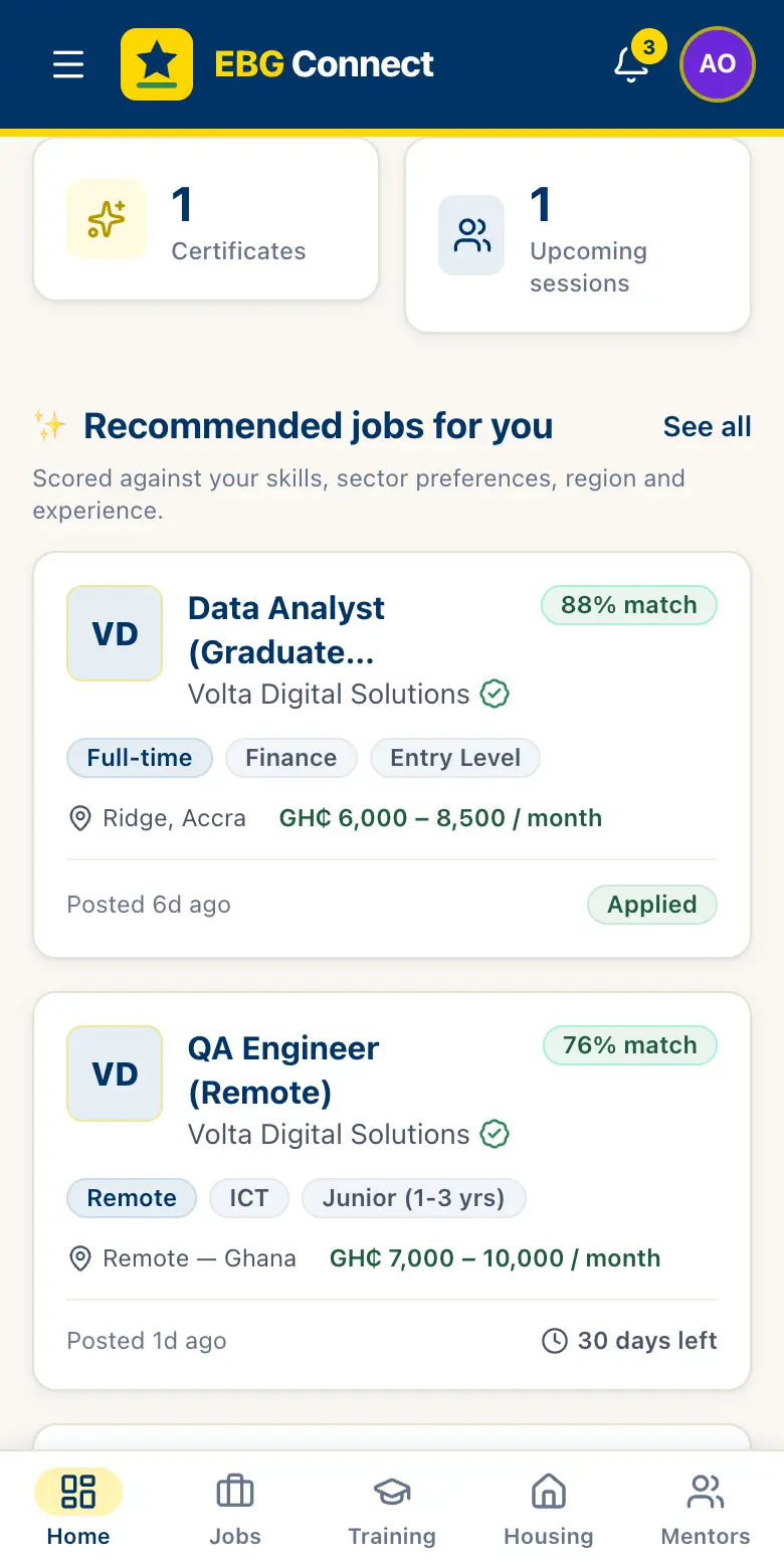 EBG Connect on a phone, showing recommended jobs with match scores